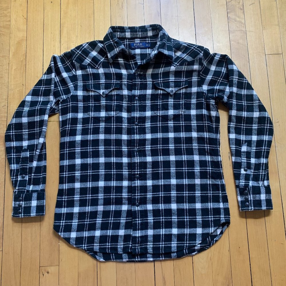 Polo Ralph Lauren Black White Plaid Flannel Snap Button Long Sleeve Shirt Mens M